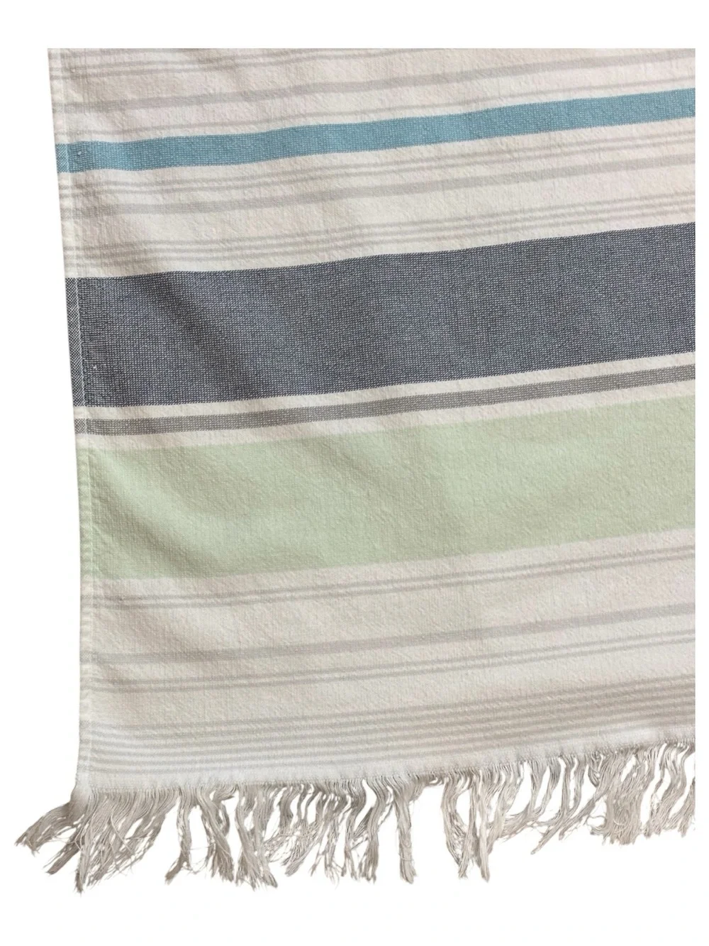 Coyuchi Flat Weave Striped Beach Towel Fringe Edge Blue Gray Green White 70”x37